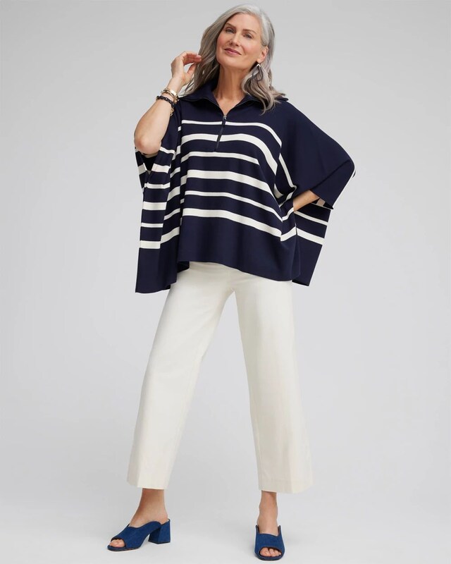 Stripe Zip Collar Sweater Poncho - image 2